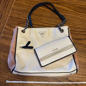 Guess Purse + Wallet Set, Gently Worn, Color is Cream with Tan and Navy Accents